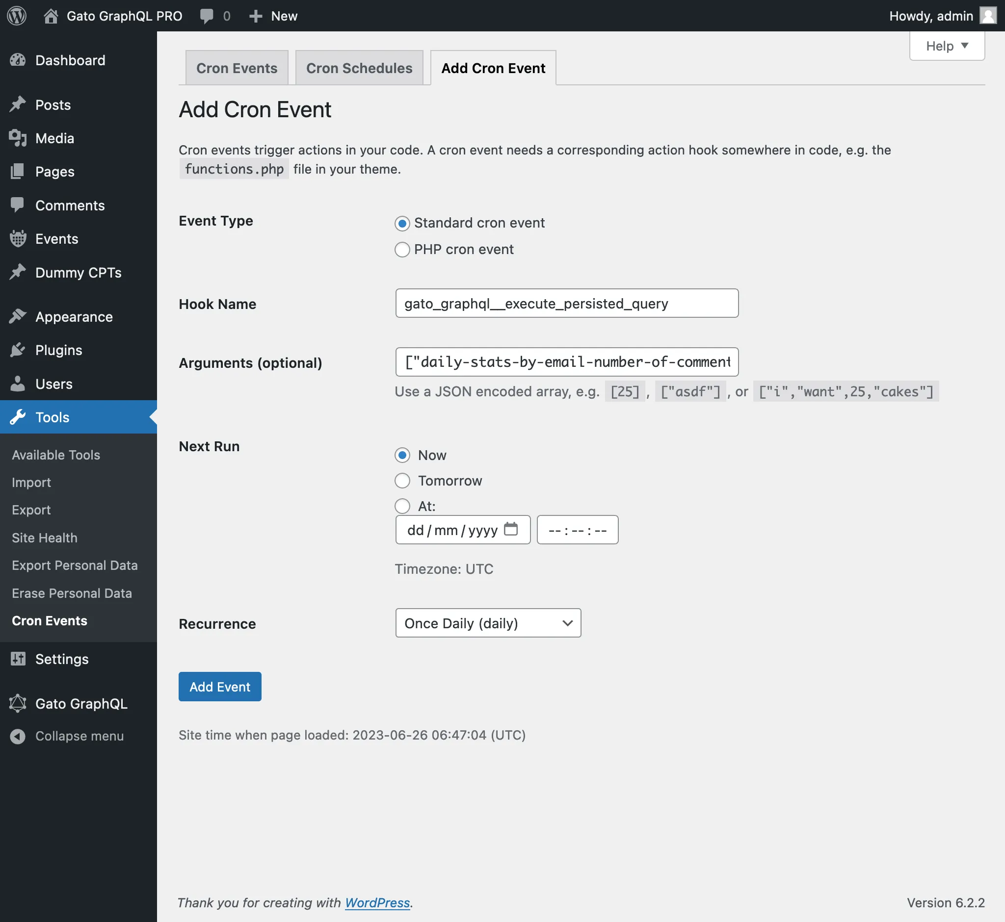 Nueva entrada en WP-Crontrol