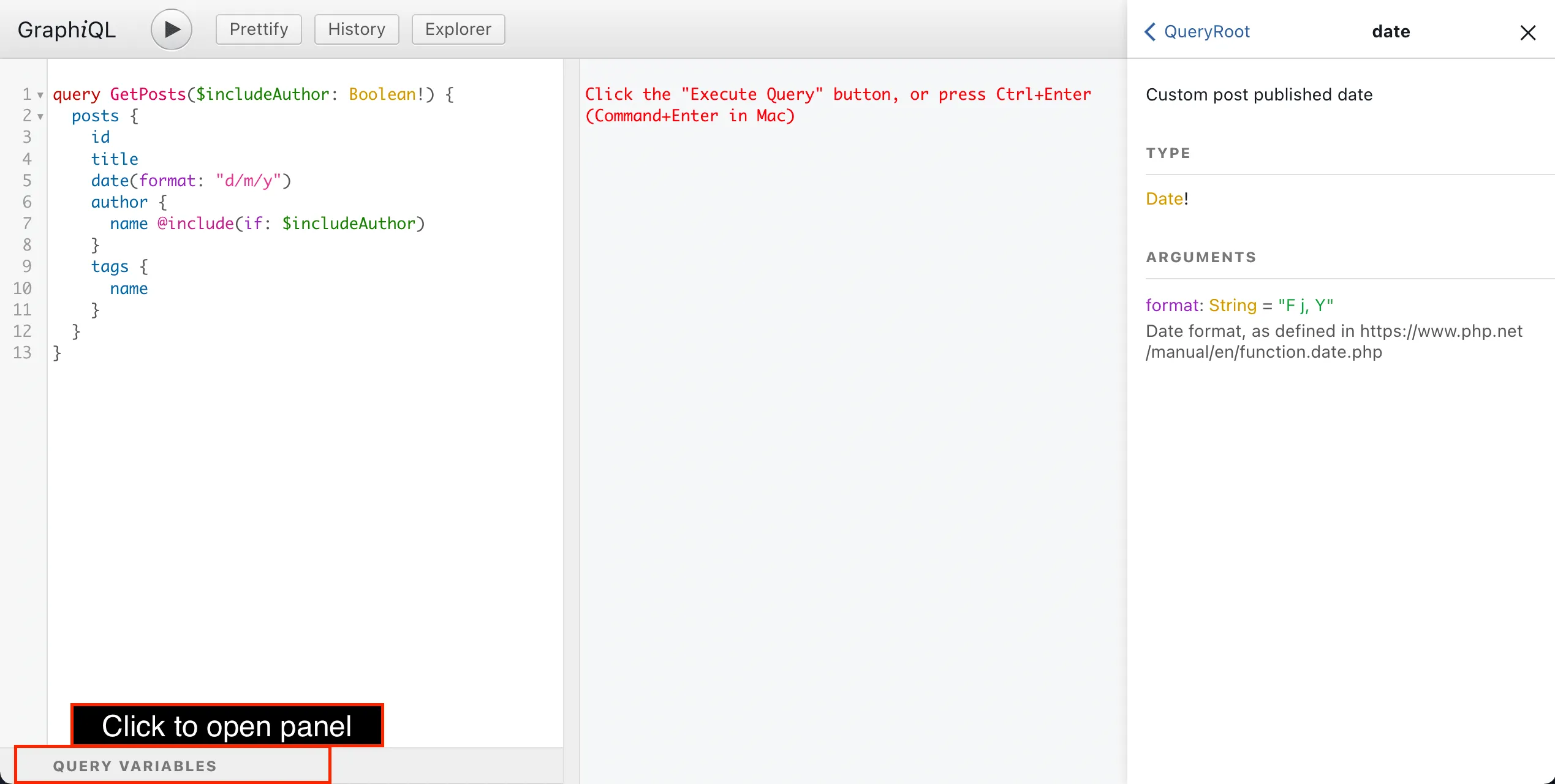 Abriendo el panel Query variables Abriendo el panel Query variables
