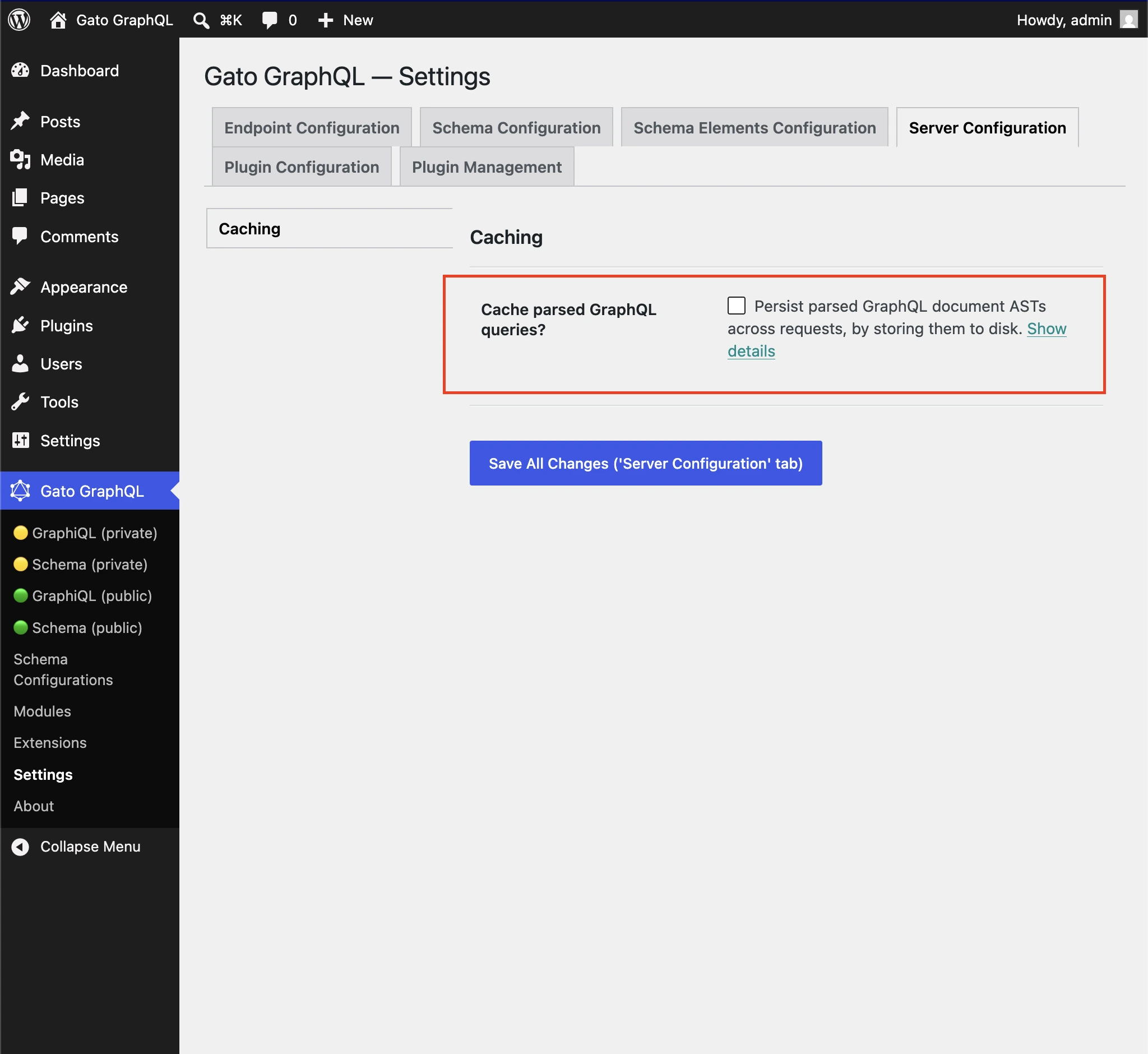 Habilitar caché para consultas GraphQL parseadas en los Settings