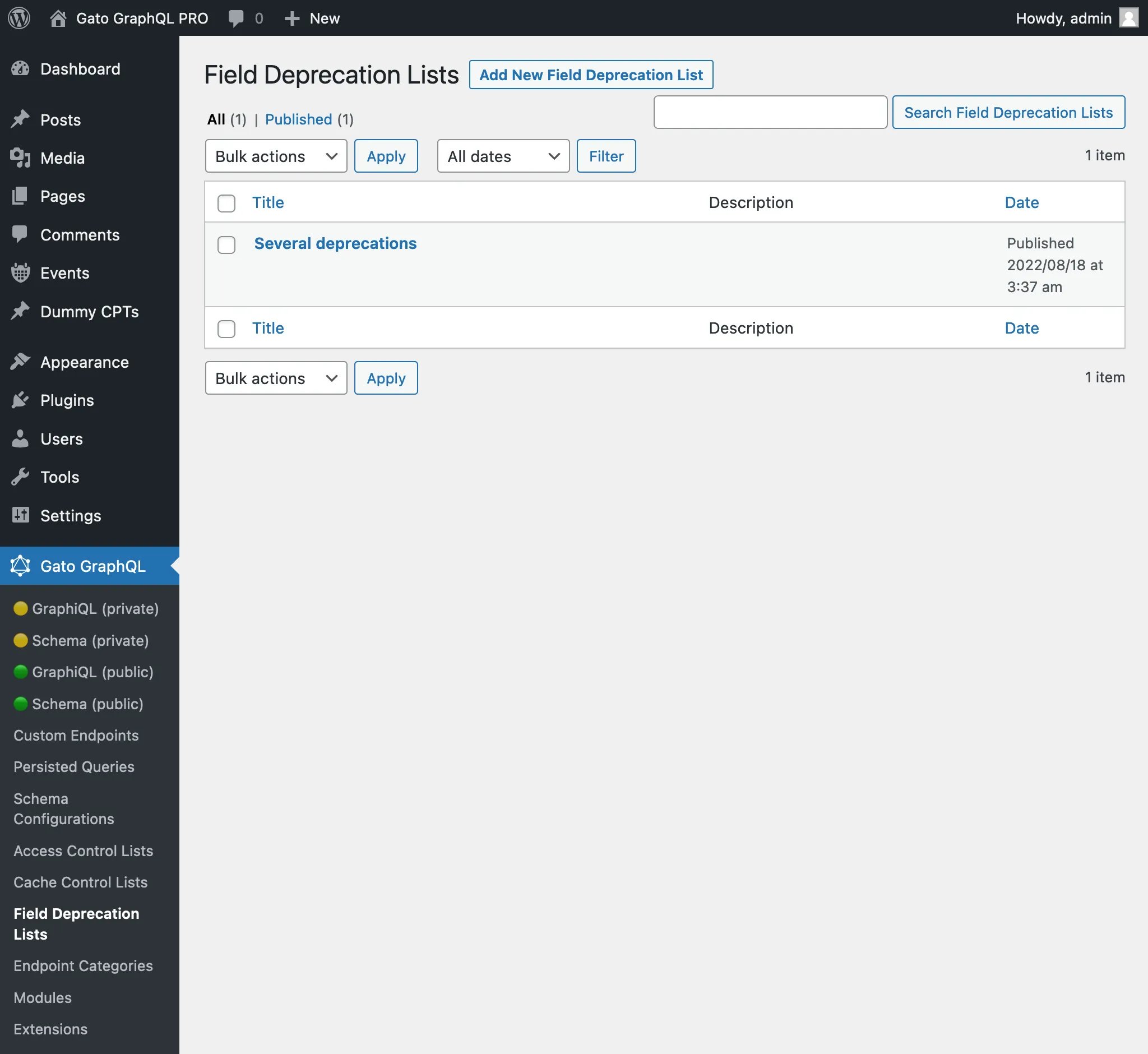 Field Deprecation Lists en la administración