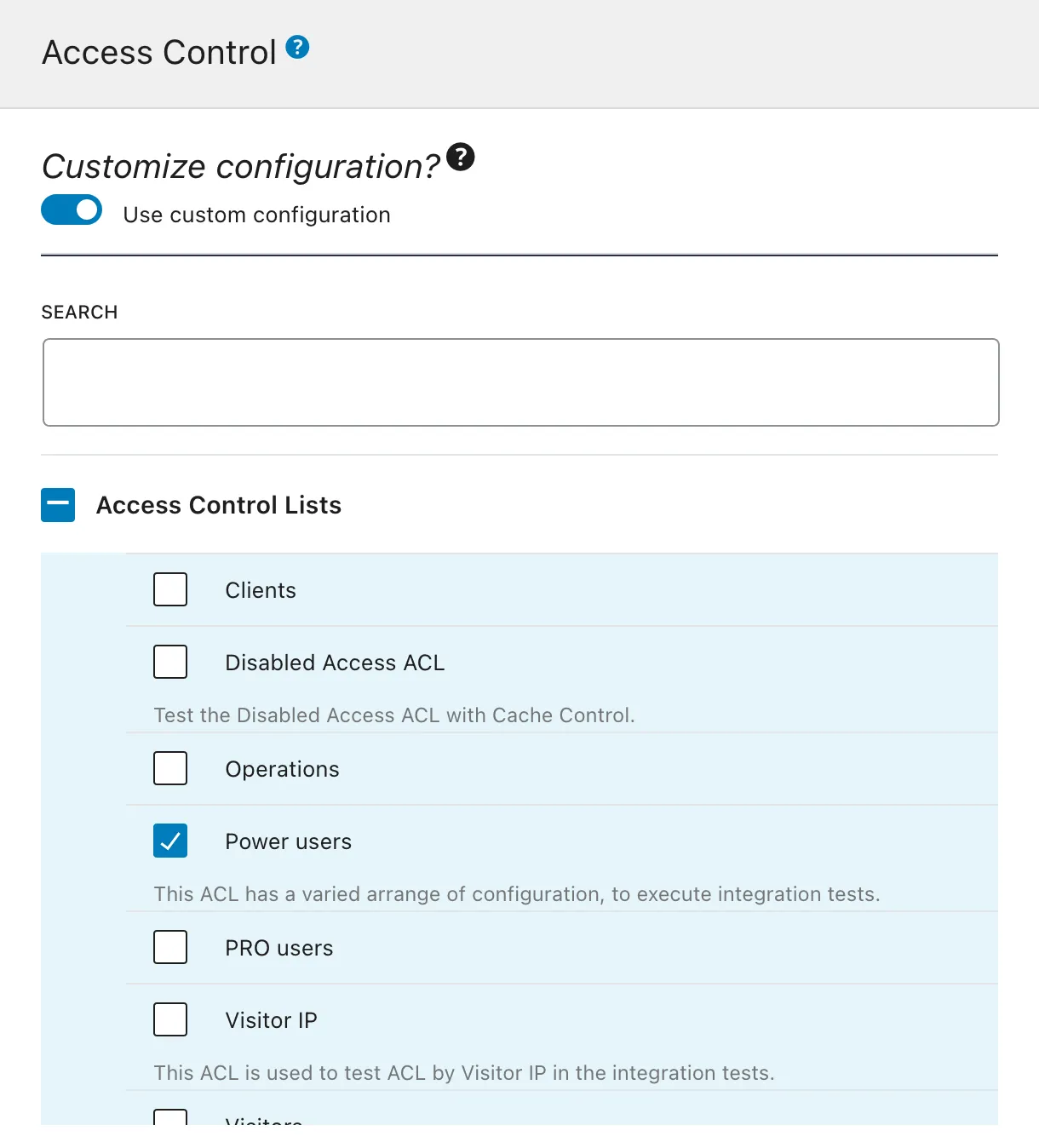 Seleccionando una lista de control de acceso en la Configuración del Esquema