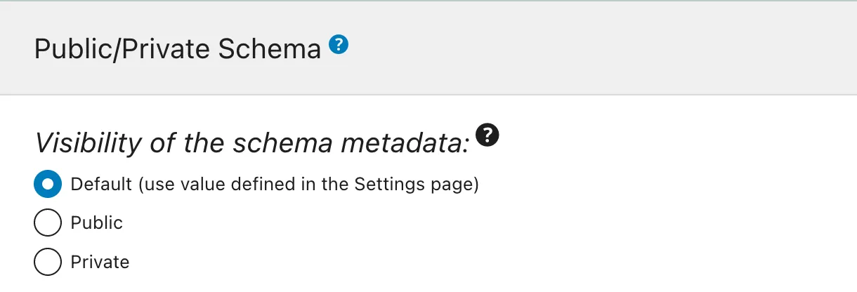 Modo Público/Privado del esquema, configurado en la Schema configuration
