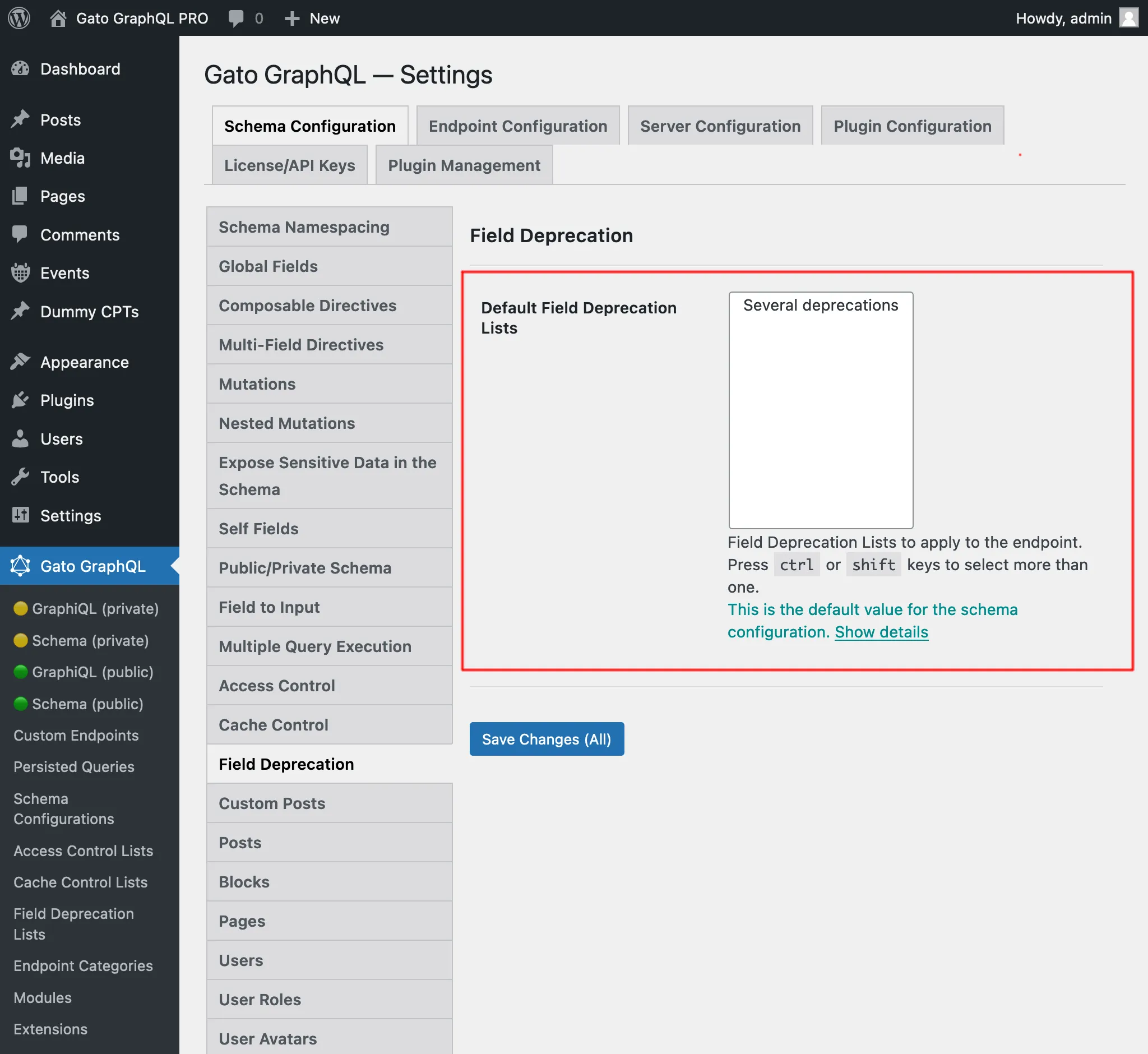 Seleccionando las Field Deprecation Lists por defecto en la página de Ajustes Seleccionando las Field Deprecation Lists por defecto en la página de Ajustes