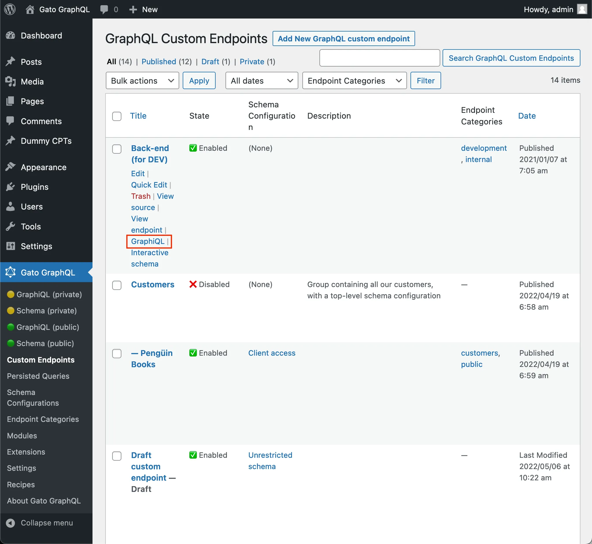 Enlace al cliente GraphiQL del endpoint personalizado en el listado