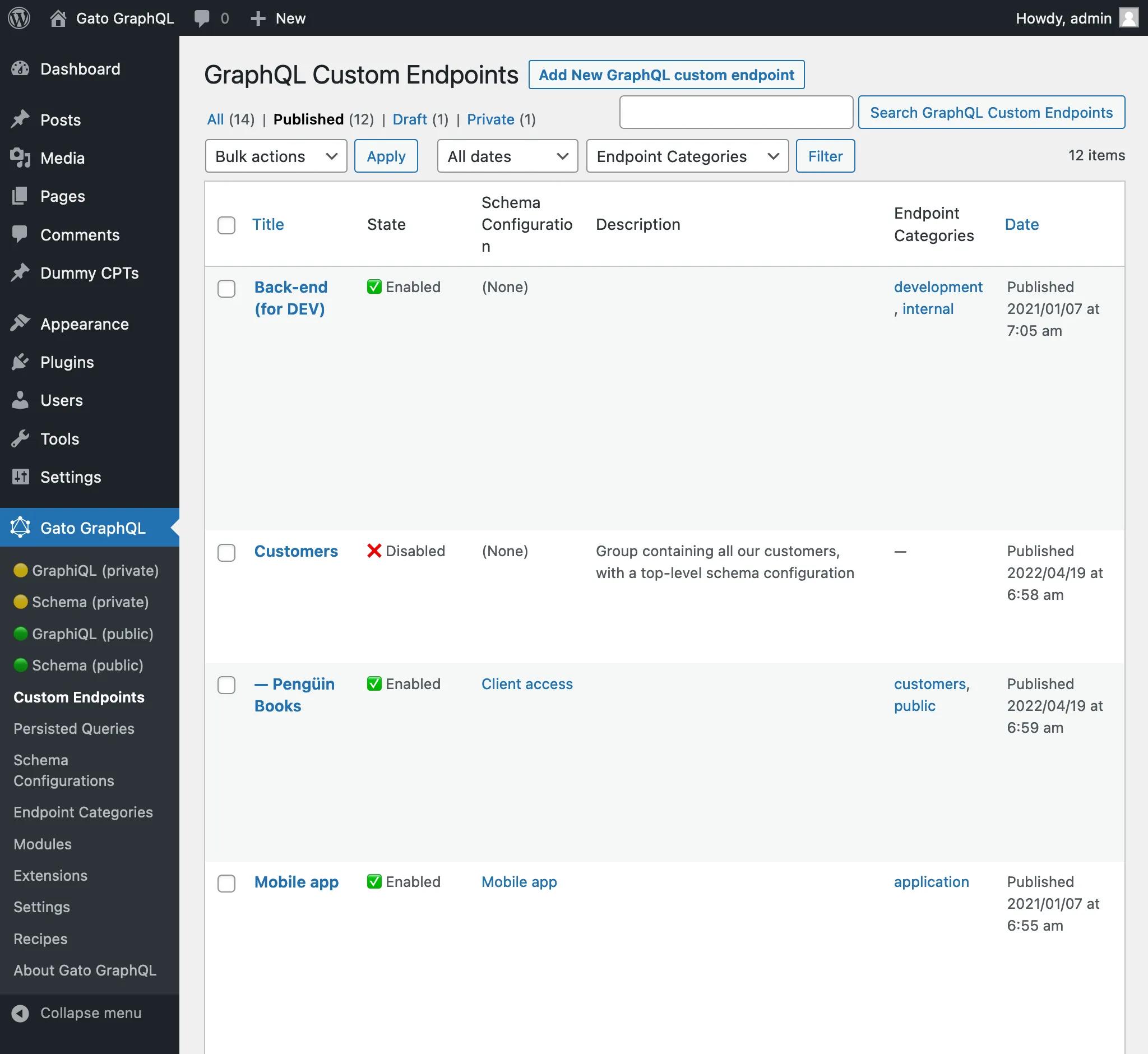 Página de Custom Endpoints