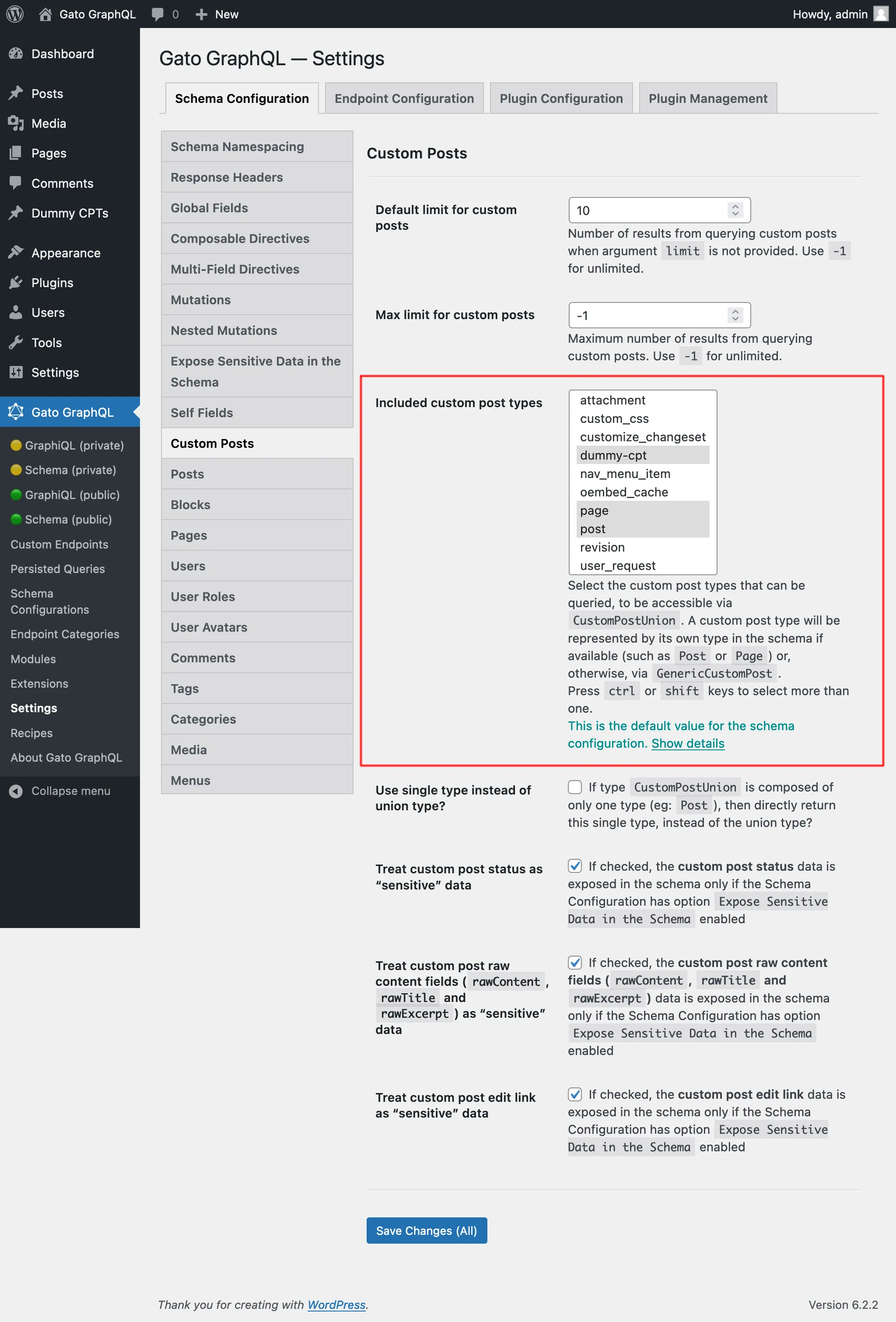 Selección de los Custom Post Types permitidos en los Ajustes