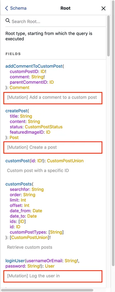 Descripción para el tipo Root en los docs de GraphiQL Descripción para el tipo Root en los docs de GraphiQL