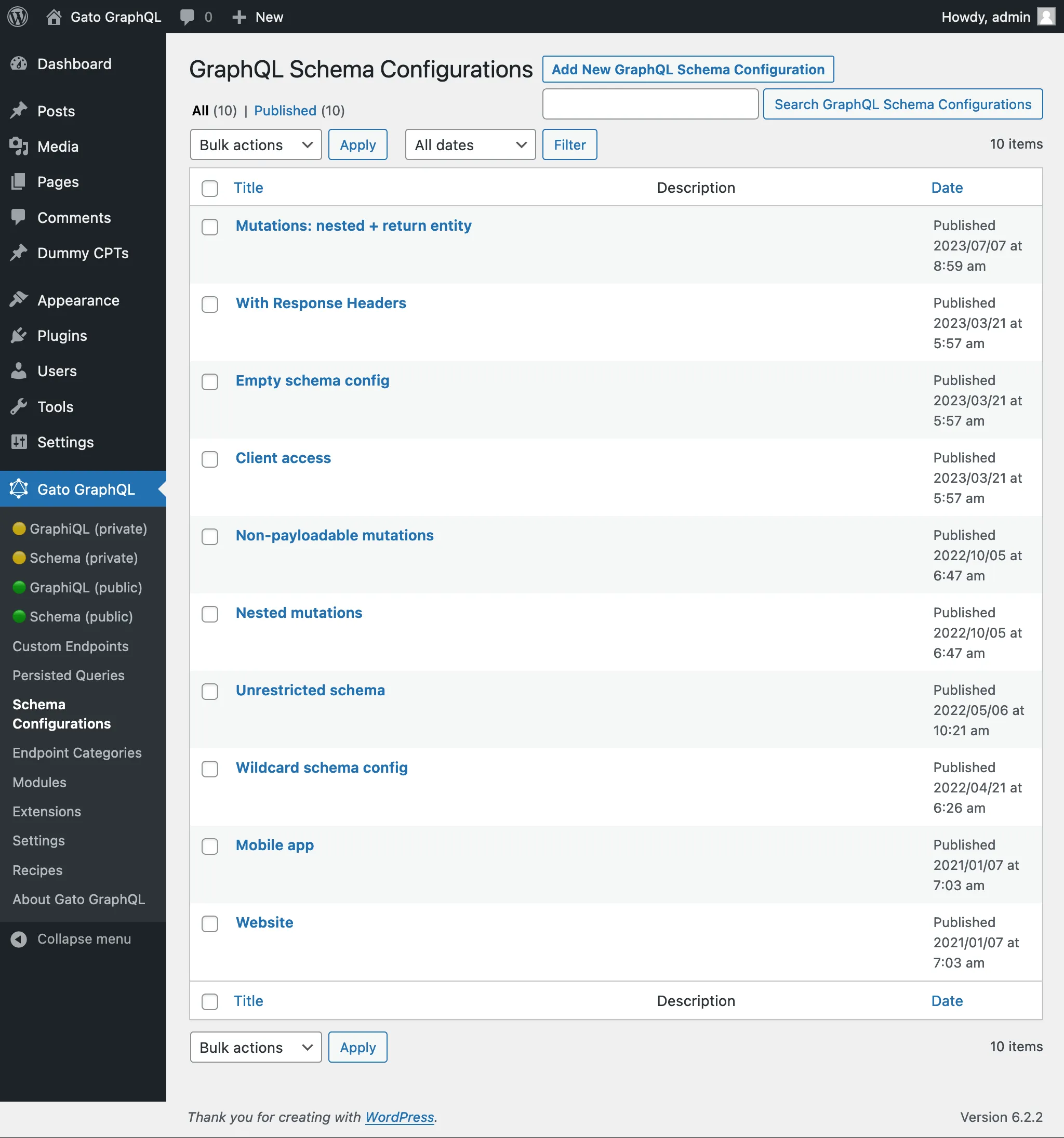 Configuraciones del Esquema en el admin