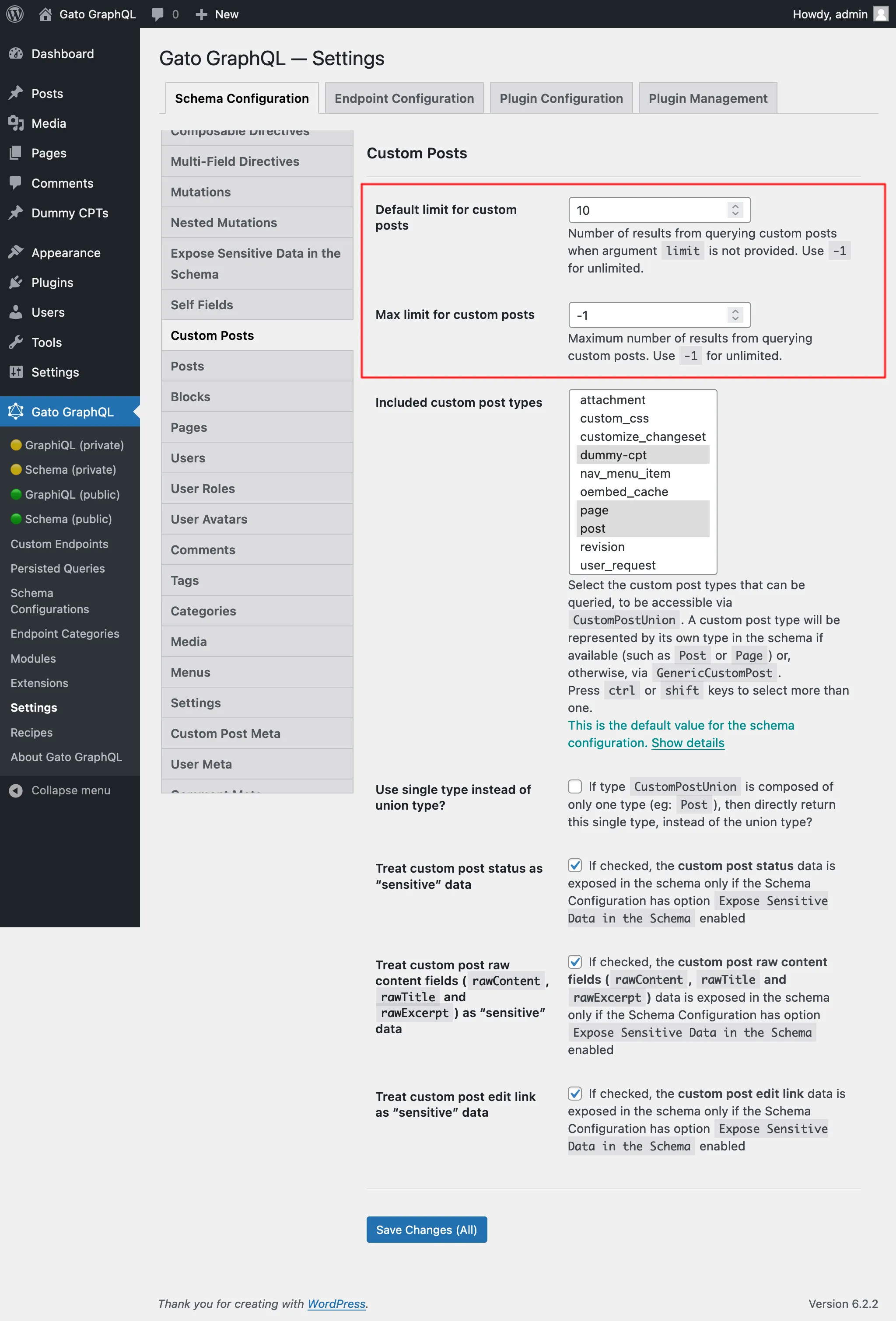 Ajustes para los límites de Custom Post