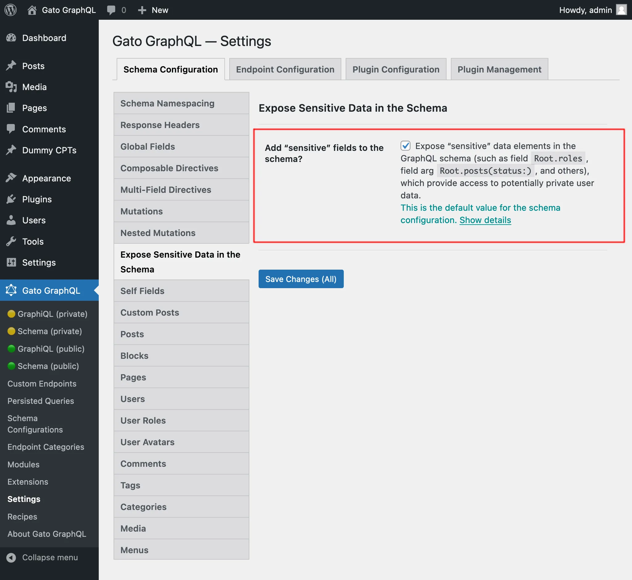 Configurando elementos de datos sensibles para la schema configuration, en los Ajustes