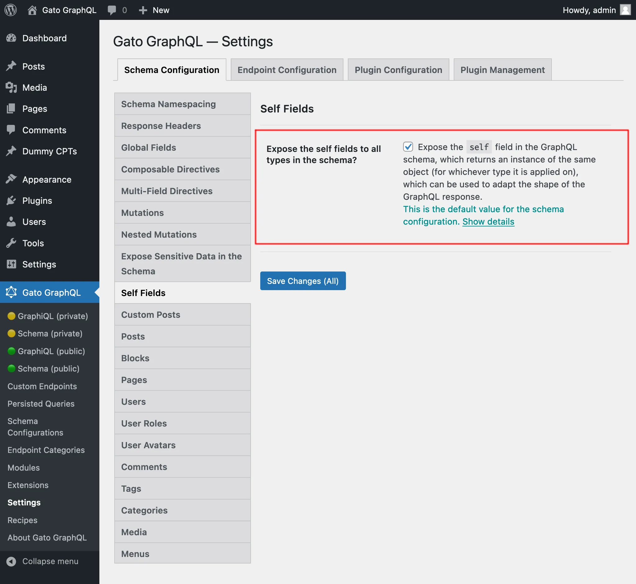 Configurando campos self para la schema configuration, en los Ajustes