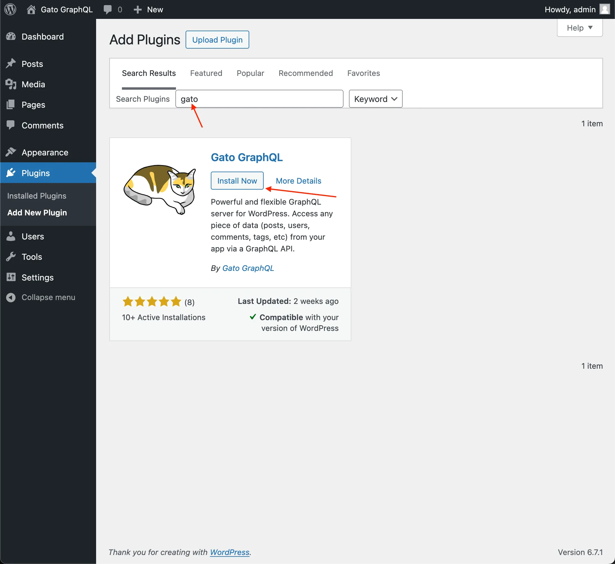 Instalar Gato GraphQL en WordPress