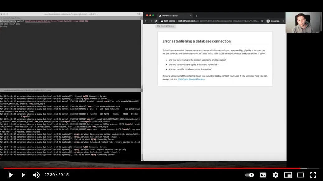 Atacando el endpoint de GraphQL para tumbar un sitio WordPress. Captura de la charla de Dolev Farhi Atacando el endpoint de GraphQL para tumbar un sitio WordPress. Captura de la charla de Dolev Farhi