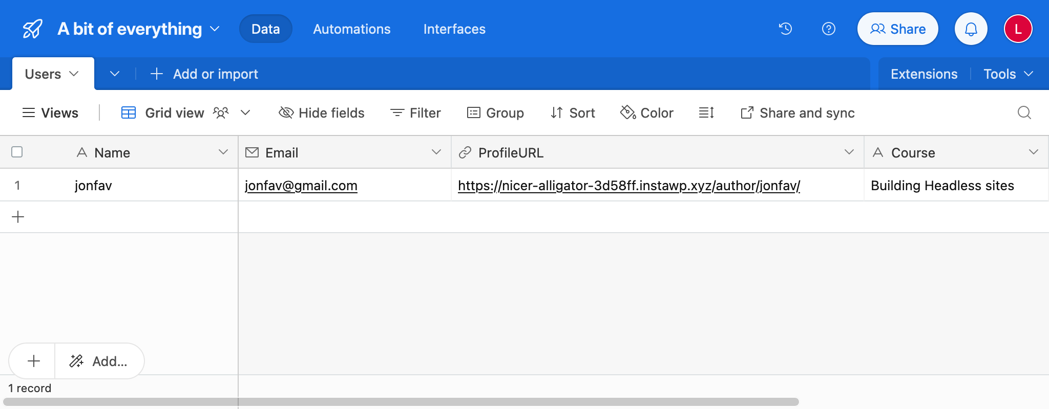 Tabla en AirTable con datos del LMS