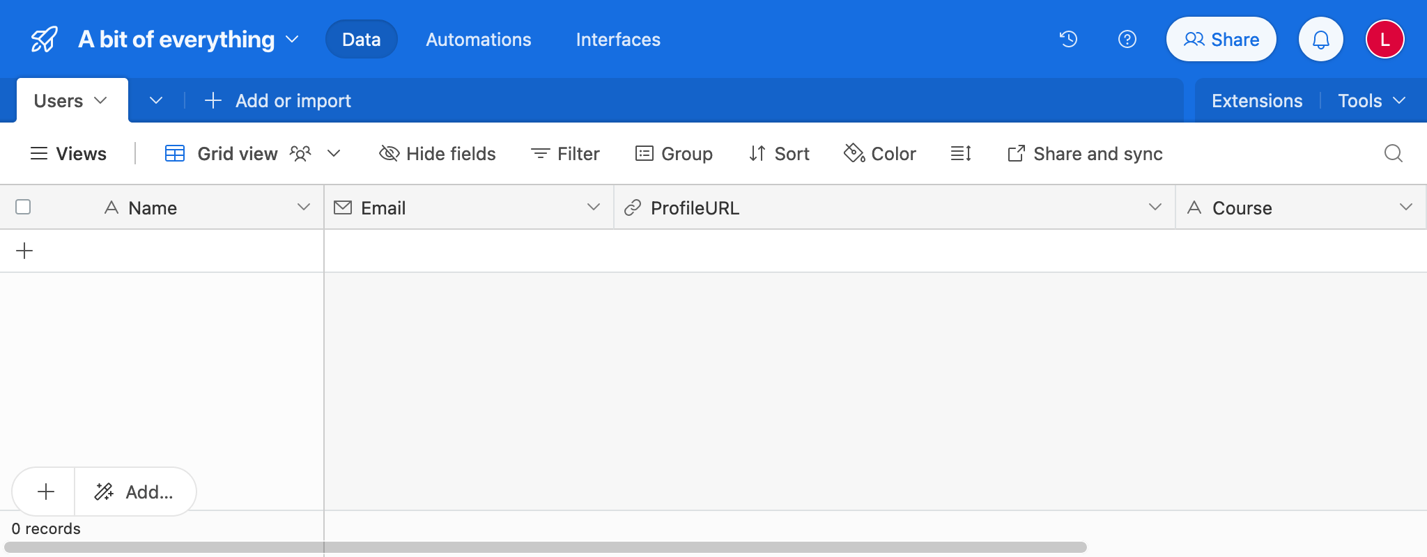 Tabla en AirTable con datos del LMS