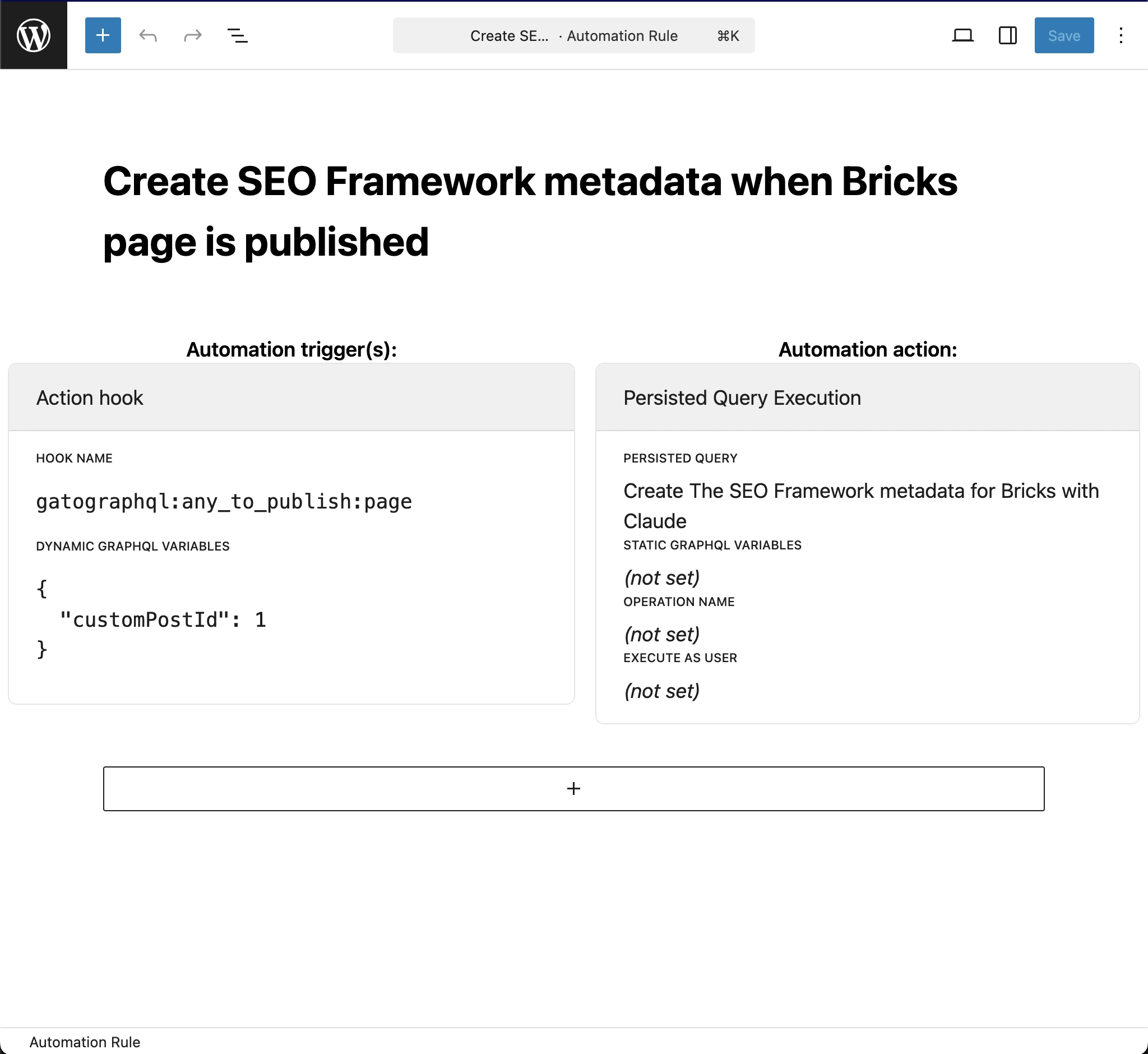 Regla de Automation para crear los metadatos de The SEO Framework para Bricks con Claude