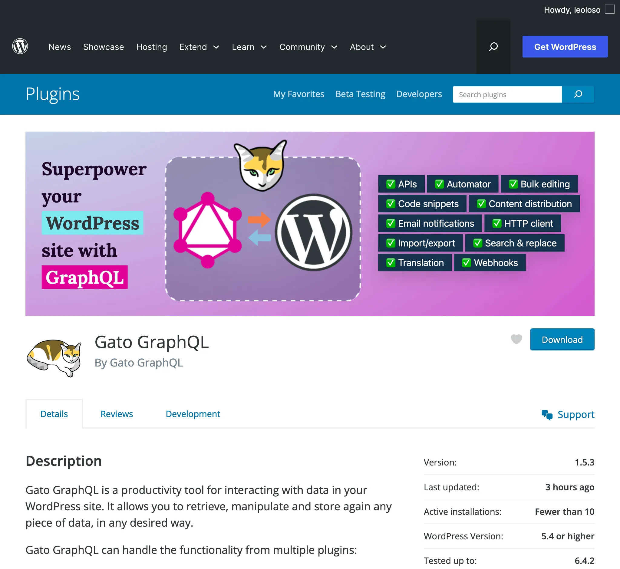 Gato GraphQL en el directorio de plugins de WordPress