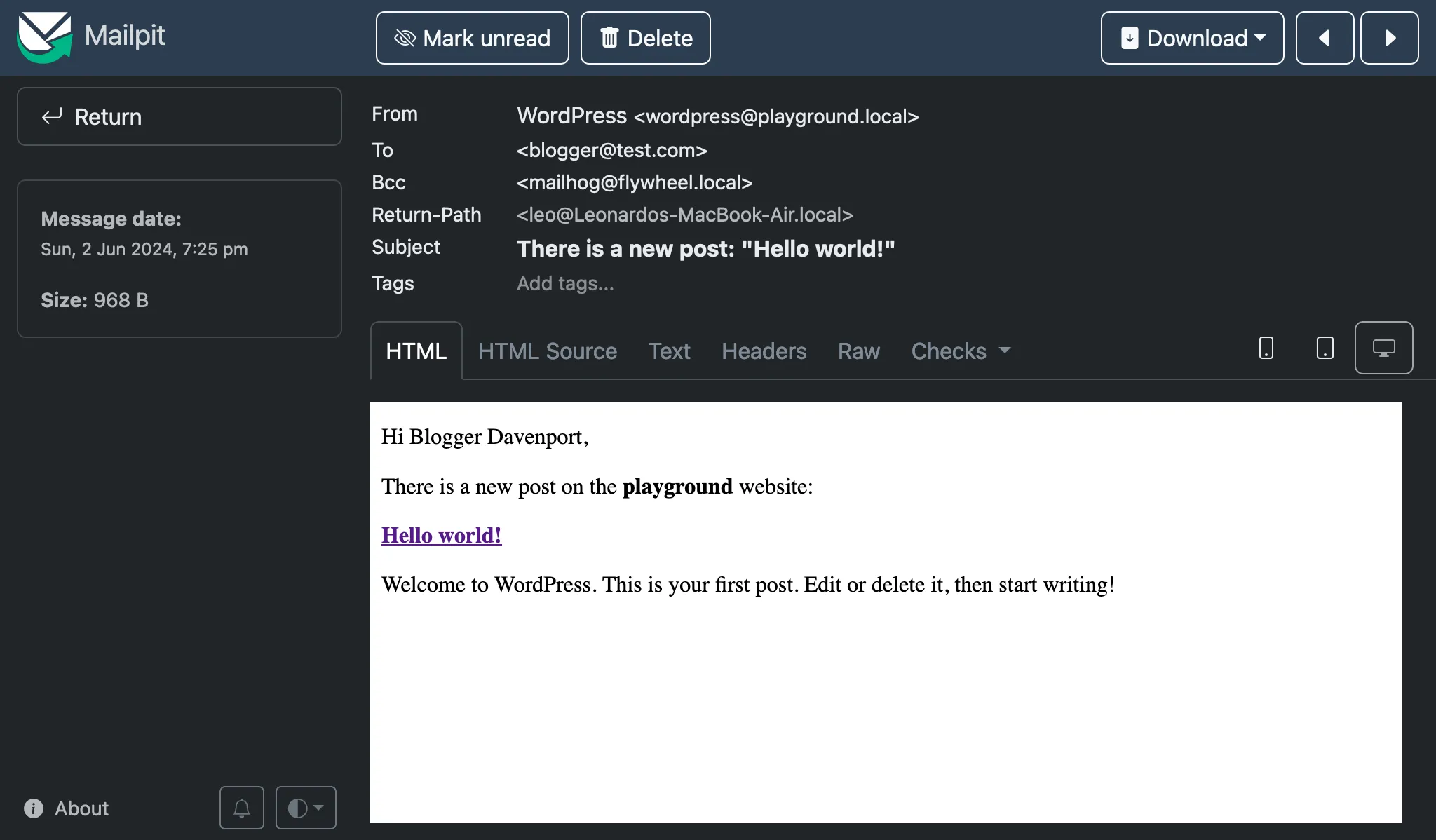 Correo de notificación sobre una nueva entrada enviado al usuario
