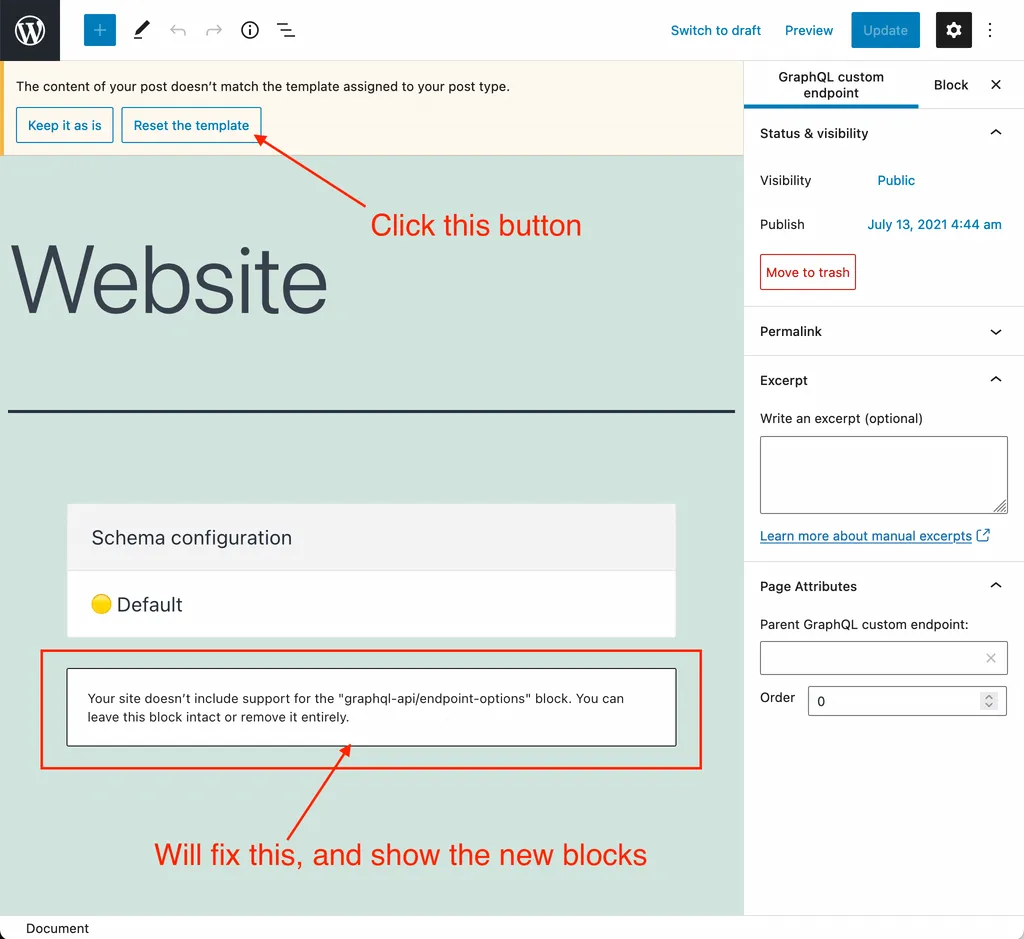 Reset the template en el editor de WordPress Reset the template en el editor de WordPress