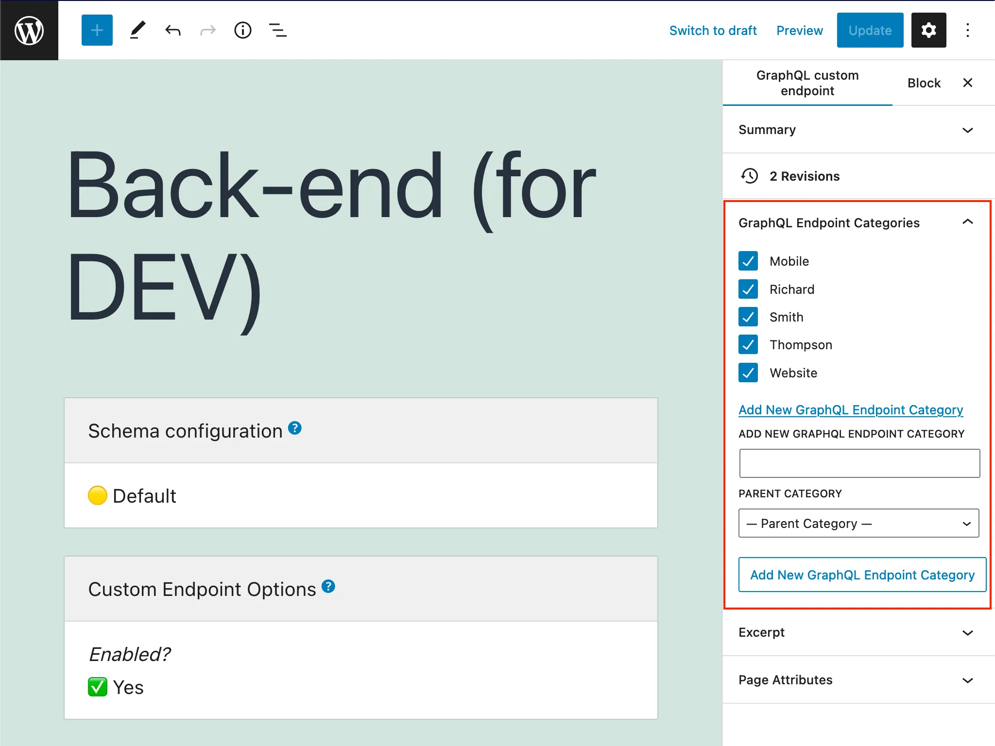 Categorías de endpoint al editar un Custom Endpoint Categorías de endpoint al editar un Custom Endpoint