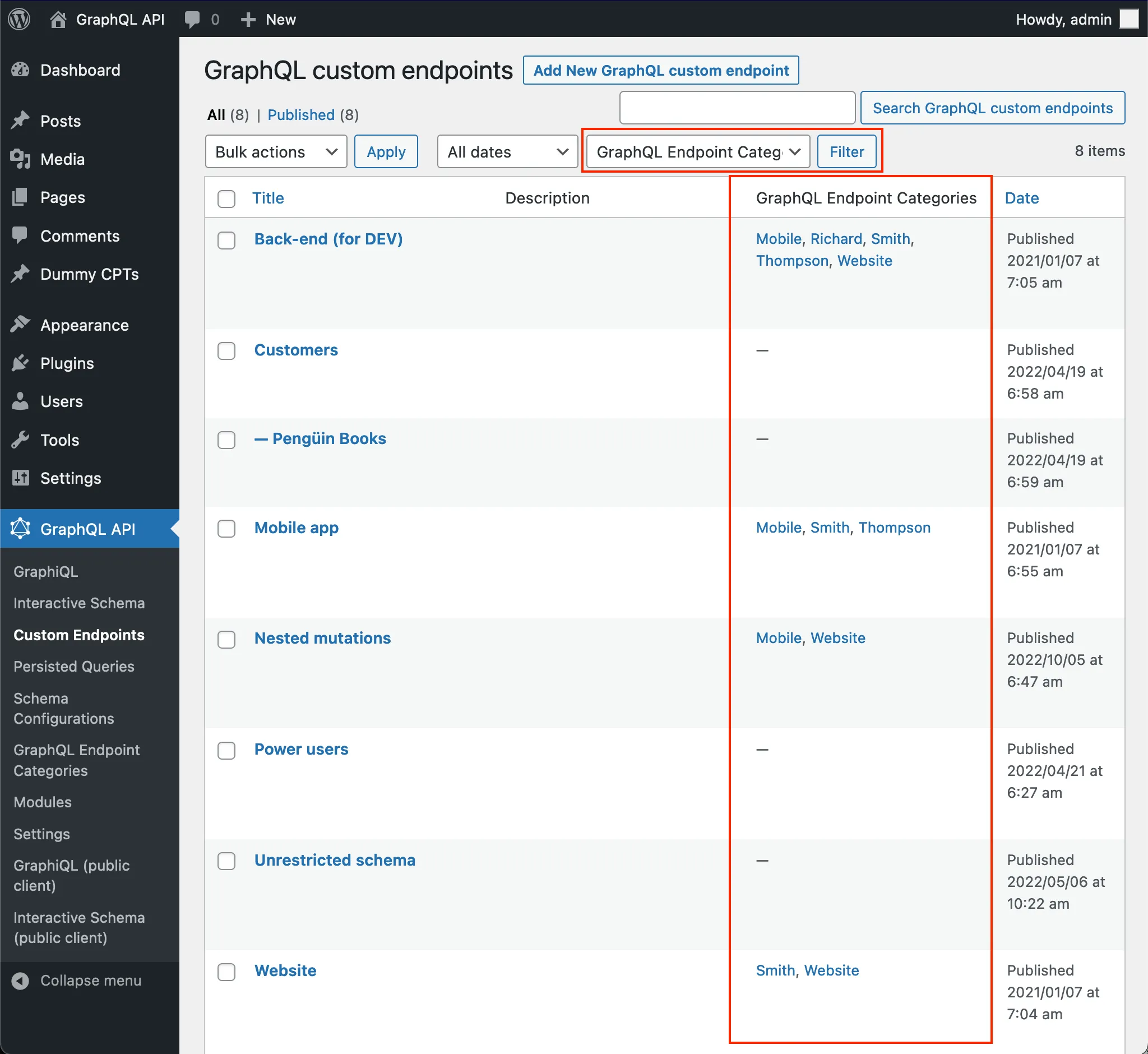 Lista de Custom Endpoints con sus categorías Lista de Custom Endpoints con sus categorías